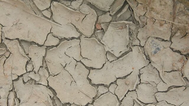 Close-up view of cracked earth, a geological phenomenon known as desiccation cracks. The image displays the parched surface of the ground