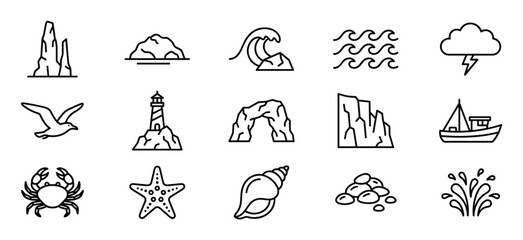 Fototapeta premium Collection of fifteen outline icons depicting various sea, ocean, and coastal elements in a clean, modern style