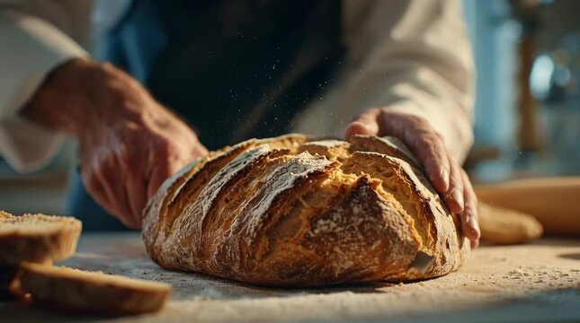 Baking, bread and artisan with a baker slicing fresh sourdough loaf for breakfast, lunch or dinner with rustic texture and golden crust details. Food photography, culinary and gastronomy with