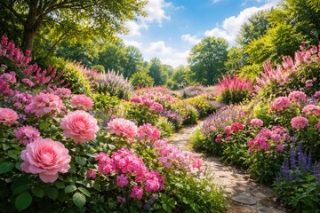 Obraz premium Vibrant floral garden scene with blossoming pink flowers and lush greenery under a bright blue sky