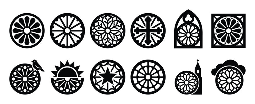 Collection of black and white ornate rose window designs featuring various geometric and floral patterns, presented as vector icons