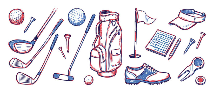 Various golf equipment items, including clubs, balls, bag, and shoes, are depicted in a hand-drawn sketch style with red and blue outlines