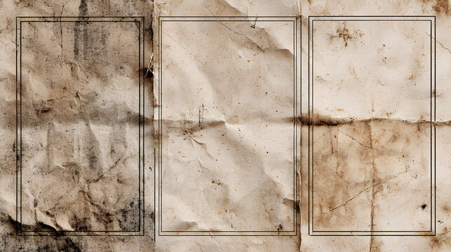 Vintage grunge old paper texture with wrinkles and folded effect. Rectangles and square old photo frames template collection. Grange and punk overlay folded paper texture. Worn, torn, weathered 