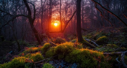 Fototapeta premium Magical forest scene with radiant moss and neon sunset backdrop