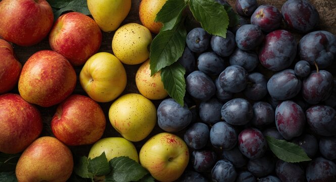 Vibrant late summer fruits including apples pears and plums displayed on a rustic table