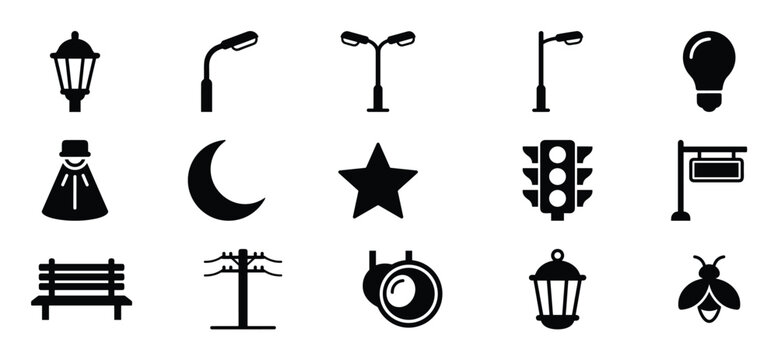 Collection of various black silhouette icons representing street lights, a bench, a traffic light, and a light bulb