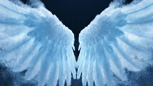 Magical Angel Wings Emerge from Sparkling Dust in a Dreamy Blue Haze.