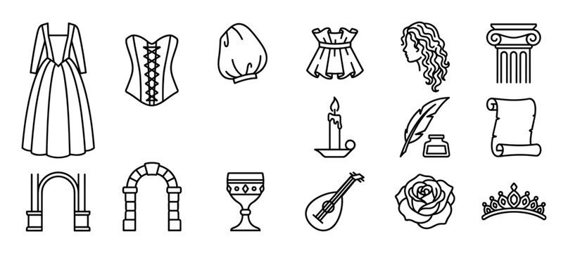 Collection of black outline medieval and renaissance icons including a dress, corset, candle, and lute