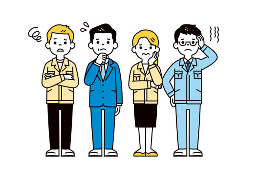 困った表情の、製造業・建設業の経営者と男性作業員と事務員の全身ベクターイラスト素材セット