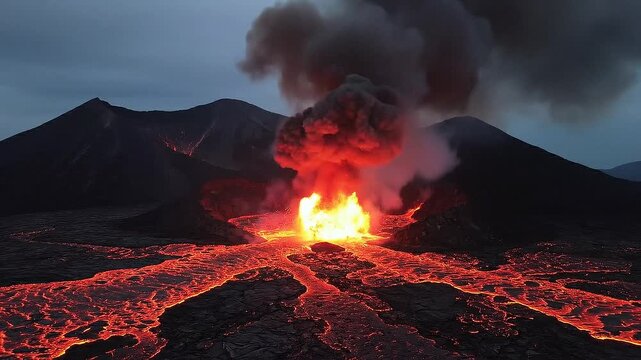 Volcanic eruption spews lava and smoke into the evening sky on a rugged landscape
