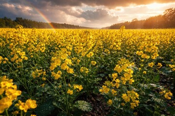 Fototapeta premium Rapeseed Flowers Blooming After Rain Under Dramatic Sky