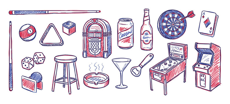 Collection of hand-drawn red and blue doodle illustrations depicting various bar and game room items in a playful style