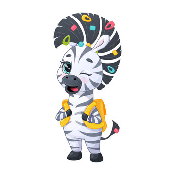Cute zebra student winking with backpack, cheerful pose, yellow satchel straps, striped mane and tail, bright
