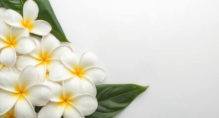 Obraz premium White background showcasing fresh tropical frangipani flowers