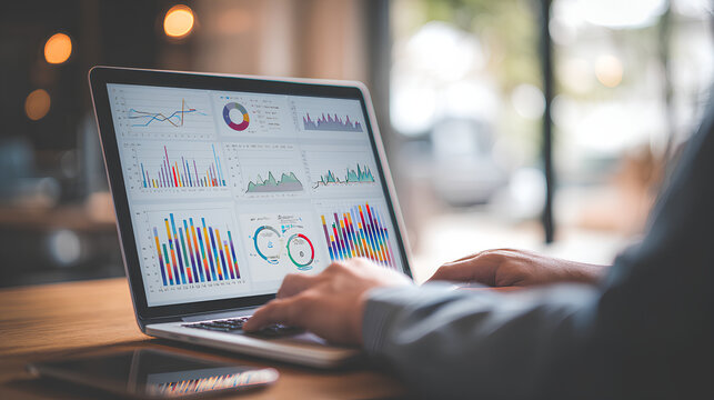Web analytics dashboard. Marketing data visualization. Statistical graphs and reports. Businessperson analyzing website traffic using a laptop computer.