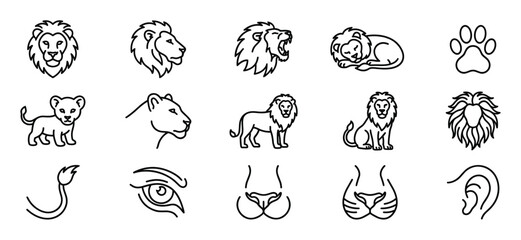 Fototapeta premium Collection of various simple black outline lion icons and related elements, including heads, full bodies, and paw prints