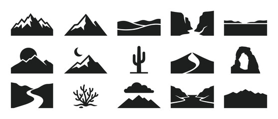 Obraz premium Collection of fifteen diverse landscape icons, including mountains, deserts, canyons, and rivers, presented in a minimalist black silhouette style