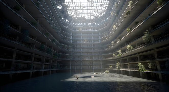 Abandoned multistory building with plants and water in the interior courtyard  natural light transparent background