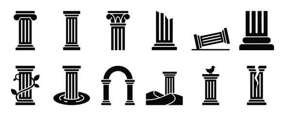 Fototapeta premium Collection of various black silhouette ancient Greek and Roman column icons, depicting different styles and states of preservation