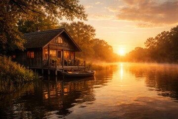Obraz premium Sunrise casting golden light on a peaceful boathouse by the calm river