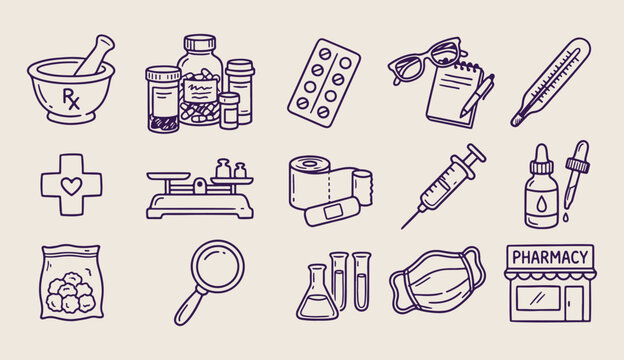 Medical and pharmacy tools, medicine bottle doodle, syringe and pills vector, healthcare line art, laboratory icons pattern, doctor equipment background, hand drawn medical
