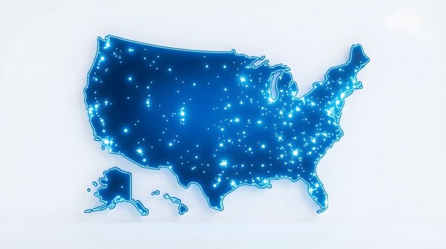 A stylized blue digital map of the united states glowing with interconnected lights, depicting data or population density on a clean white background.