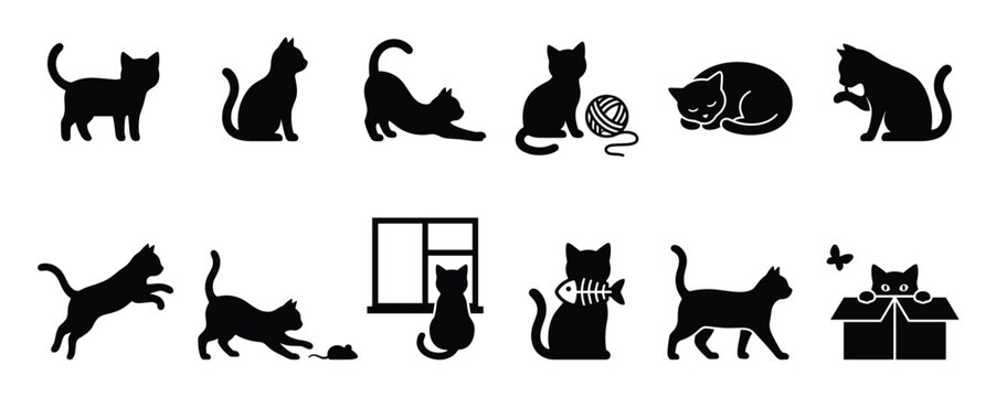 Collection of black cat silhouettes in various playful and relaxed poses, including stretching, sleeping, and hunting