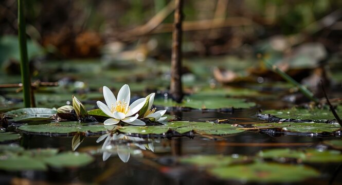 Detailed perspective on fresh bogbean blossoms in a swamp