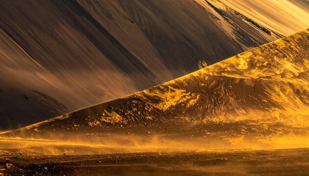 Texture de sable souffl&eacute; par le vent sur une pente de montagne aride baign&eacute;e par la lumi&egrave;re chaude du cr&eacute;puscule cr&eacute;ant un contraste dramatique.
