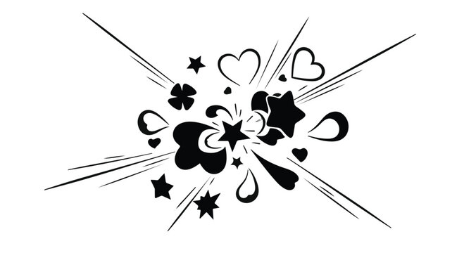 Explosive burst of playful shapes and stars with hearts radiating outwards