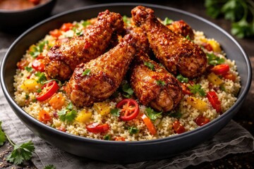 Fototapeta premium Spicy crispy fried chicken wings served with fluffy couscous and colorful peppers garnished with fresh herbs in a modern bowl