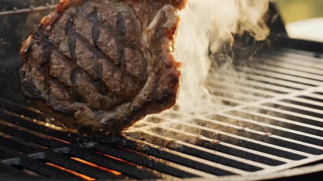 Thick steak sizzling on grill with tongs, wisps of smoke rising upwards
