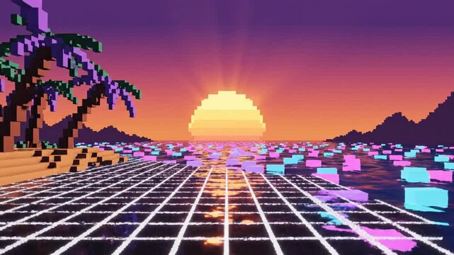 Pixelated sunset over digital ocean with palm trees and grid pattern