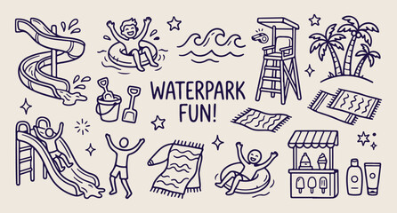 Waterpark fun sliding, ocean wave doodle, beach vacation vector, summer holiday line art, pool party pattern, outdoor activities icons, hand drawn 