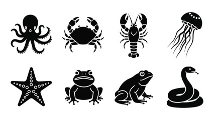 A collection of marine and amphibious creatures depicted in stark black silhouettes against a white background silhouette high quality professional detailed © SILHUETTECHEMBER