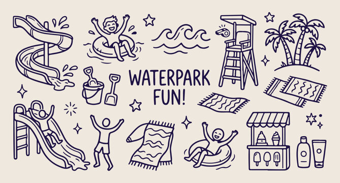Waterpark fun sliding, ocean wave doodle, beach vacation vector, summer holiday line art, pool party pattern, outdoor activities icons, hand drawn 