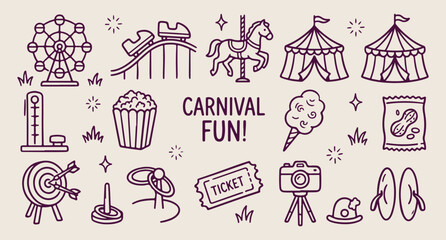 Carnival fun fair, roller coaster doodle, carousel horse vector, amusement park line art, circus tent pattern, theme park icons, hand drawn festival  © Geetaroy