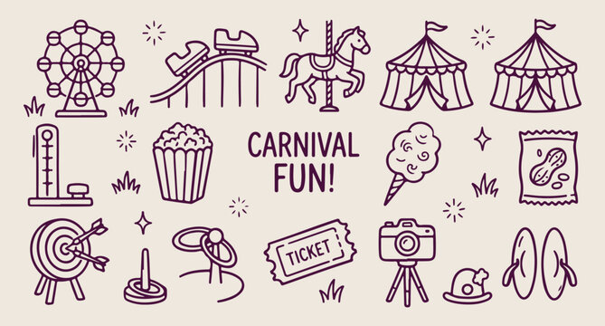 Carnival fun fair, roller coaster doodle, carousel horse vector, amusement park line art, circus tent pattern, theme park icons, hand drawn festival
