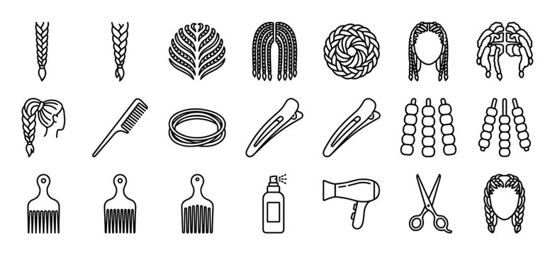 Collection of various hair braids, hair accessories, and styling tools presented as simple black outline icons