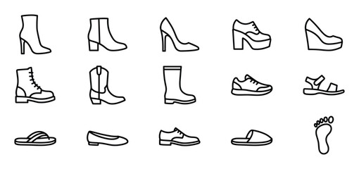 Fototapeta premium Collection of various footwear icons, including boots, heels, sneakers, sandals, and slippers, presented in a clean line art style