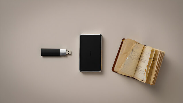 Modern devices next to vintage notebook