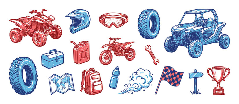 Collection of hand-drawn off-road adventure items including an ATV, UTV, dirt bike, helmet, and various accessories in a vibrant sketch style