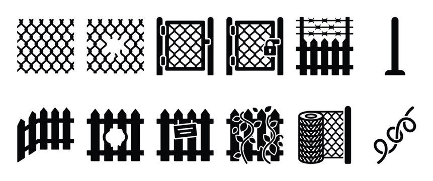 Collection of black and white fence and gate icons, including chain link, picket, and barbed wire designs