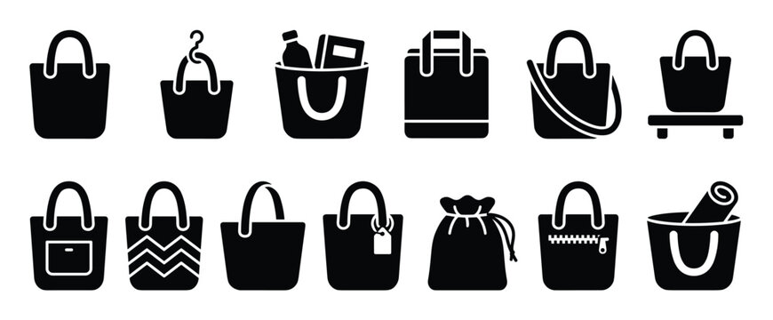 Collection of black silhouette shopping bags, tote bags, and drawstring pouches in various styles, presented as icons
