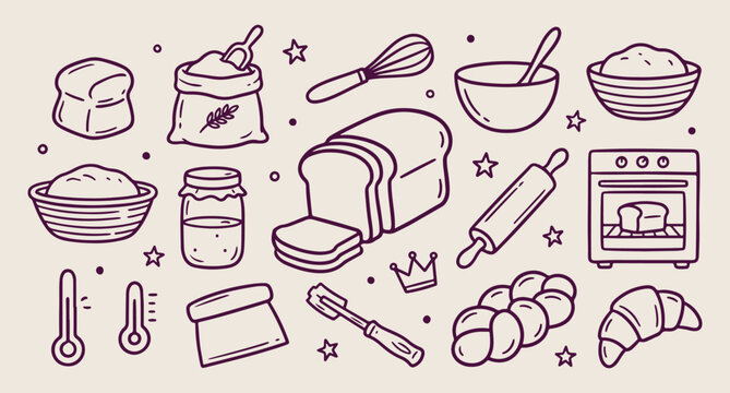 Fresh bakery bread, flour and rolling pin, kitchen baking background, wheat product vector, breakfast food pattern, artisan bakery line art, hand drawn bread doodle
