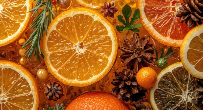 Vibrant macro close up of essential oils with citrus herbs and spicy notes creating cozy winter aromatherapy scents and festive feel with copy space