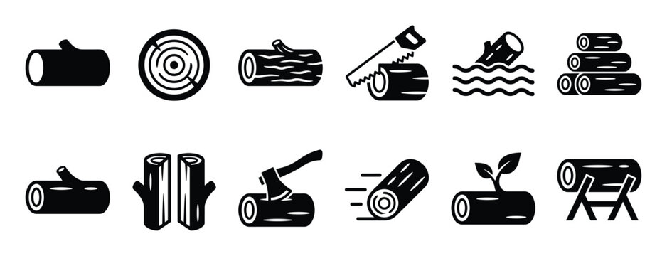Collection of black and white icons depicting various log and wood-related activities and objects, presented in a clean, graphic style