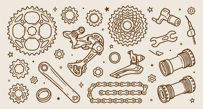 Bicycle gear parts, bike repair tools, cycling hobby background, mountain bike vector, mechanical parts pattern, cycle mechanic line art, hand drawn bicycle doodle
