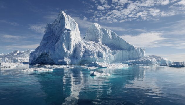 Un immense iceberg majestueux flottant dans les eaux calmes de l'Arctique sous un ciel bleu parsem&eacute; de nuages blancs avec des reflets cristallins.