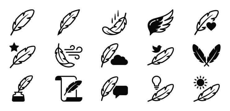 Collection of black outline feather icons, depicting various concepts like writing, lightness, and creativity, presented in a clean, modern style
